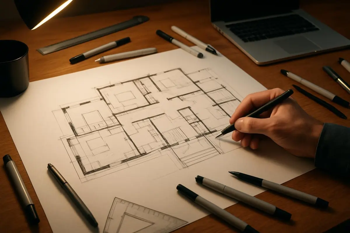 Architect aan het tekenen van renovatieplannen.