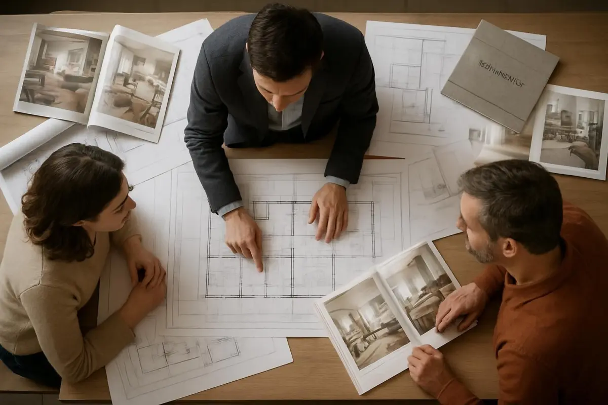 Bespreking van renovatieplannen met architect en klanten.