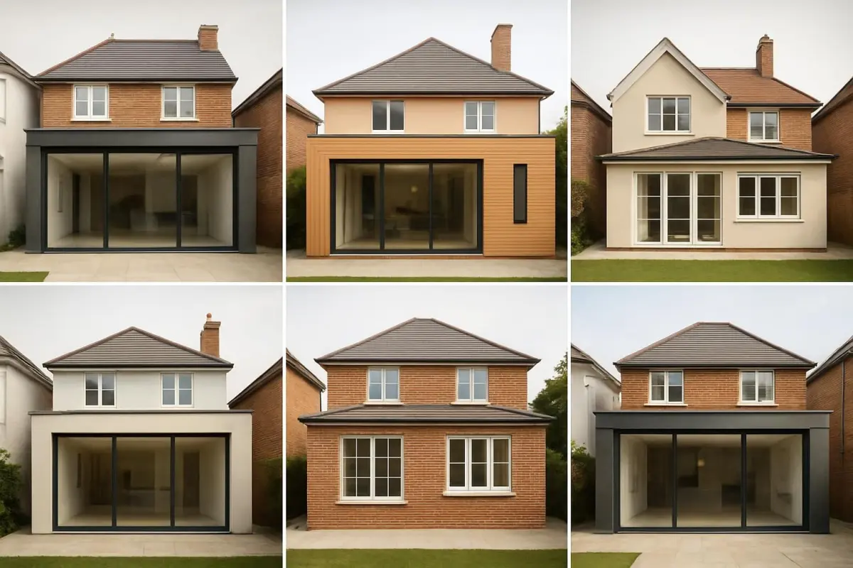 Architectural style board showing different styles for home extensions, well-lit studio setting.