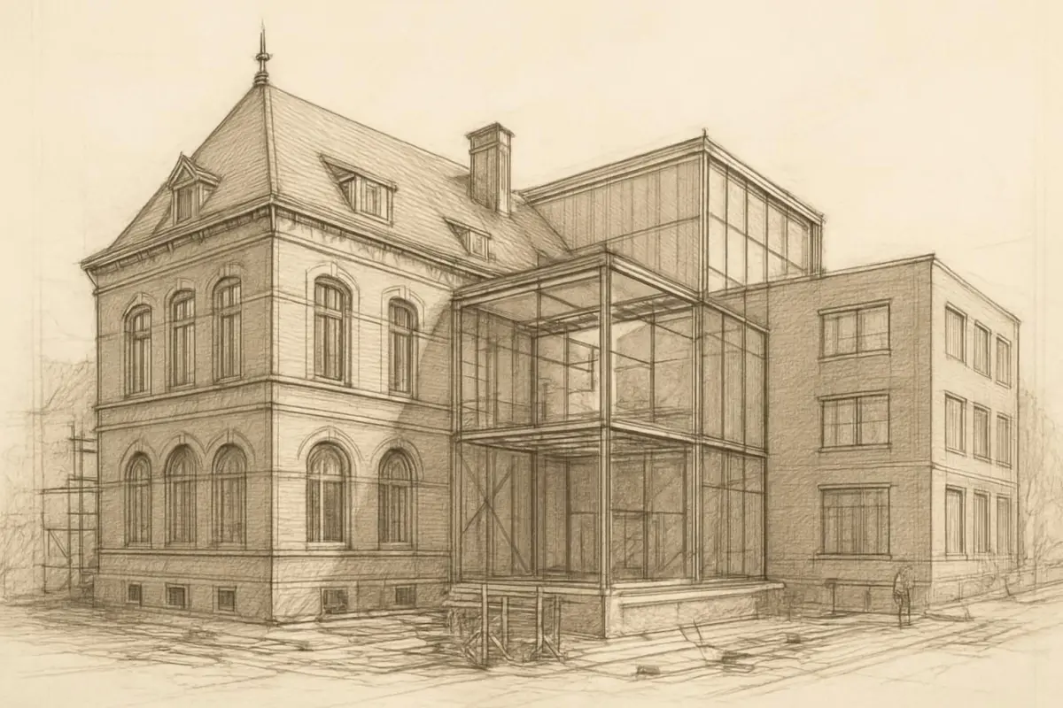 Detailed architectural sketches of a historical building in Leiden undergoing repurposing, combining old and new element