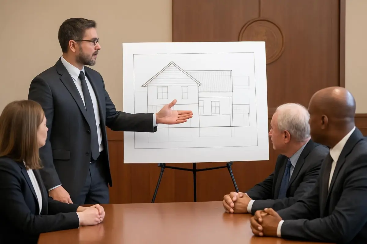Image of an architect explaining a renovation plan in front of a zoning board, professional setting