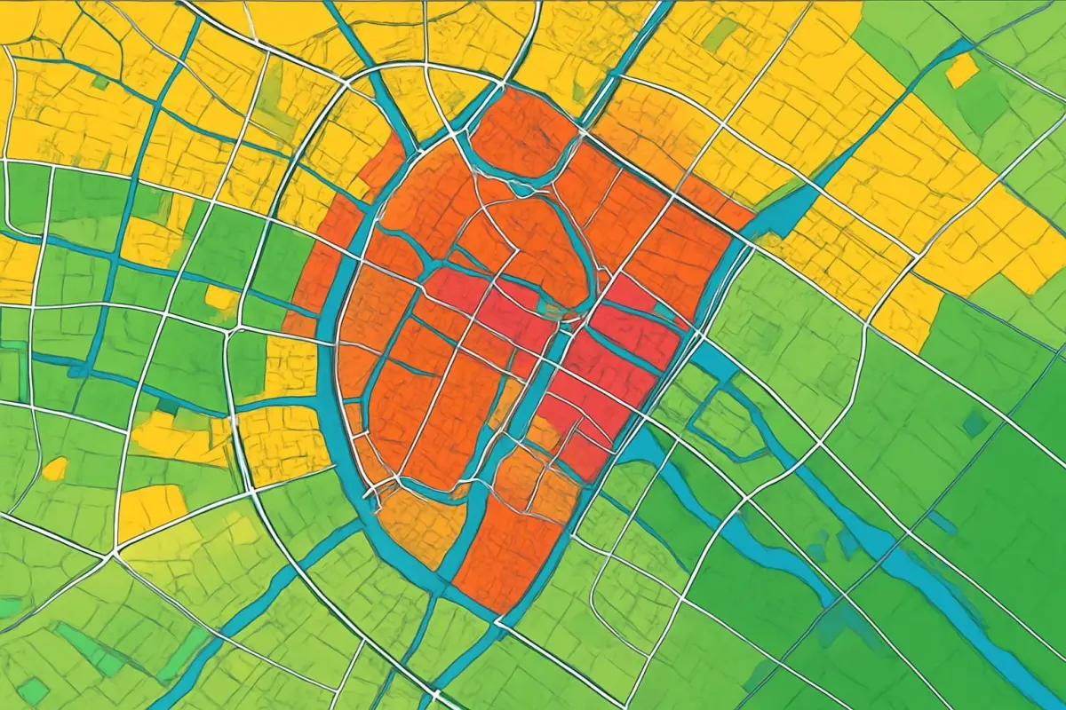 Detailed image of a zoning map of Leiden with color-coded areas, overhead lighting