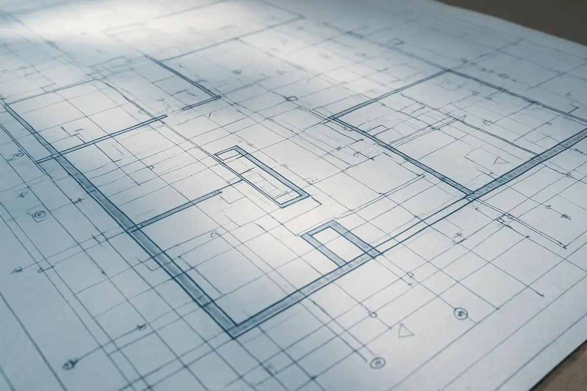 Close-up of architectural blueprints with building code annotations, natural daylight