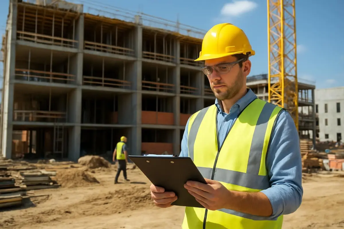Image of a construction supervisor checking safety compliance at a Leiden building site, mid-day lighting