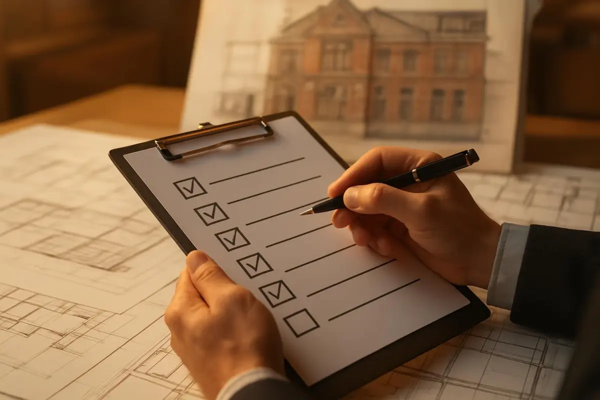 Close-up of a project manager reviewing a checklist for a building repurposing project in Leiden, with architectural pla