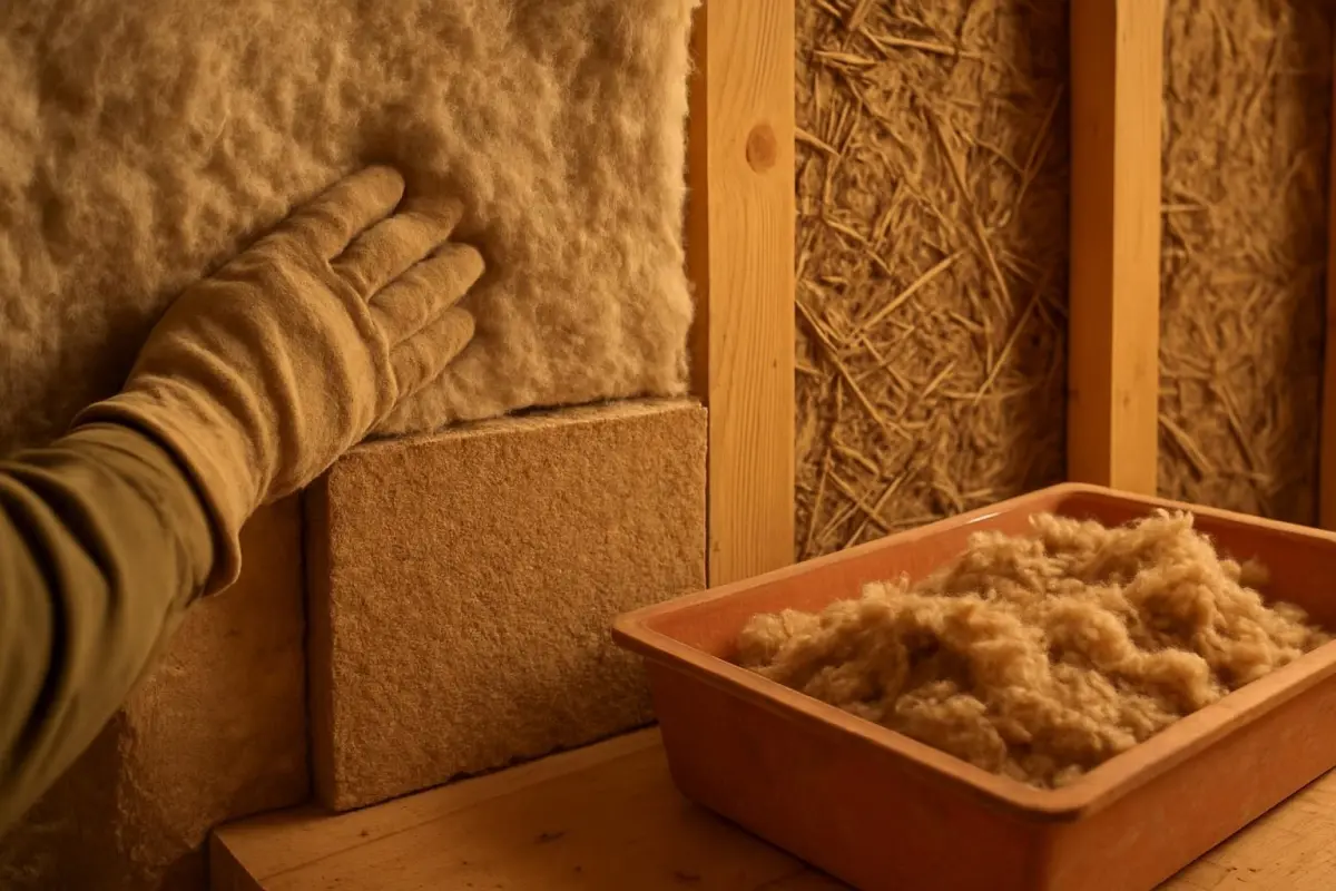 Close-up of biobased materials being used in a renovation project in Leiden, warm ambient lighting