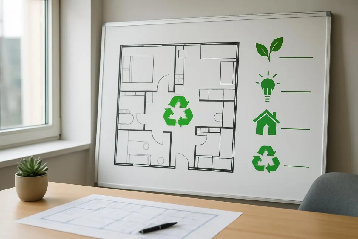 Close-up of a detailed renovation plan with sustainable goals written on a whiteboard, office setting, natural lighting