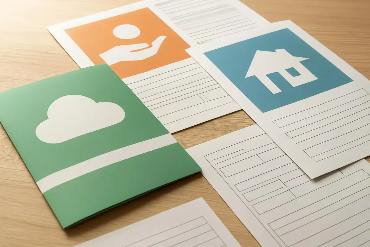 Close-up of subsidy brochures and forms spread out on a table, natural lighting