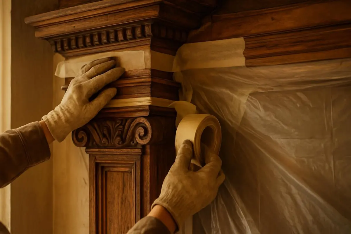 Close-up of architectural details being preserved during a sustainable renovation, showing original woodwork, indoor set