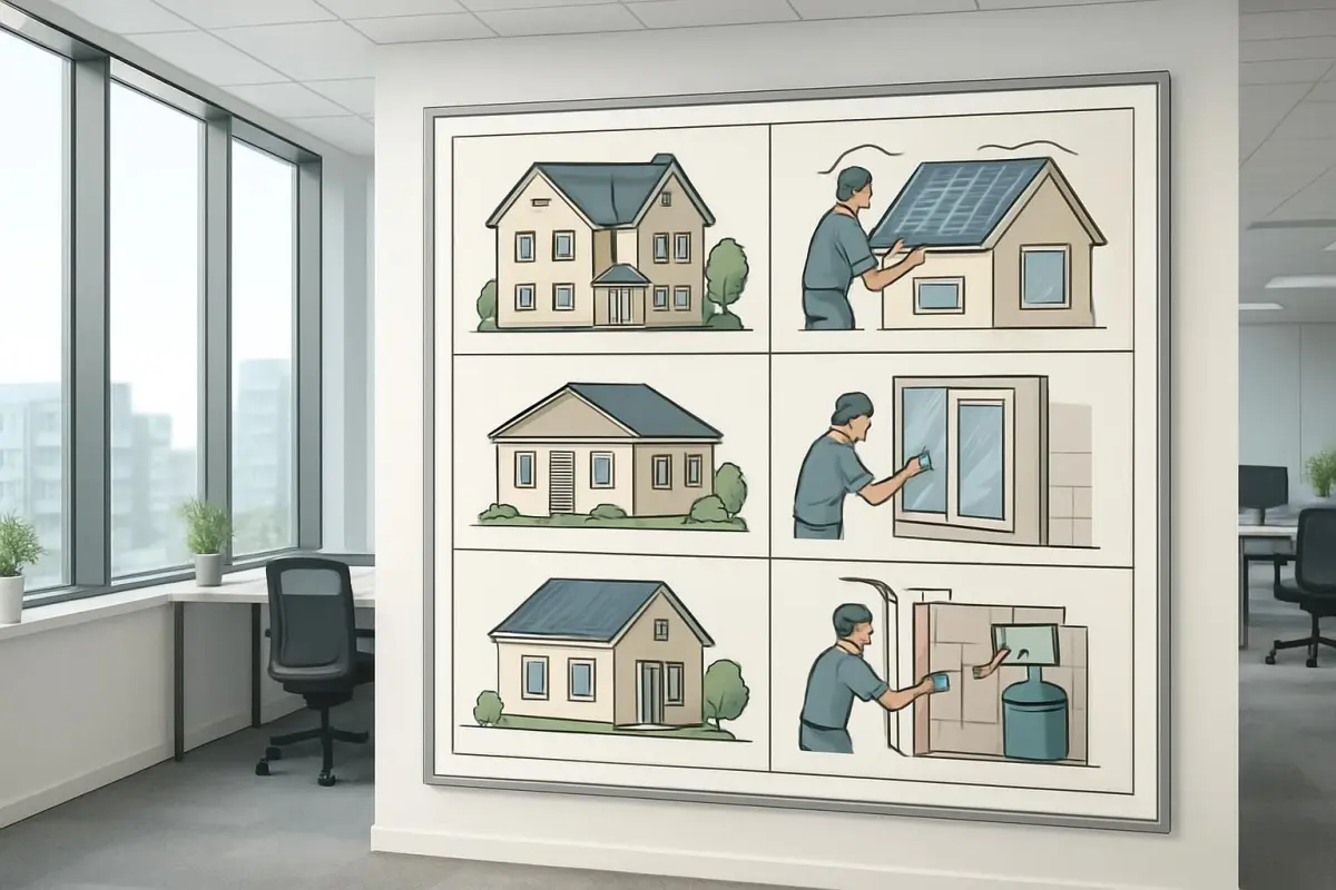 Detailed image of a comparison chart showing sustainable renovation techniques for different house types, modern office 