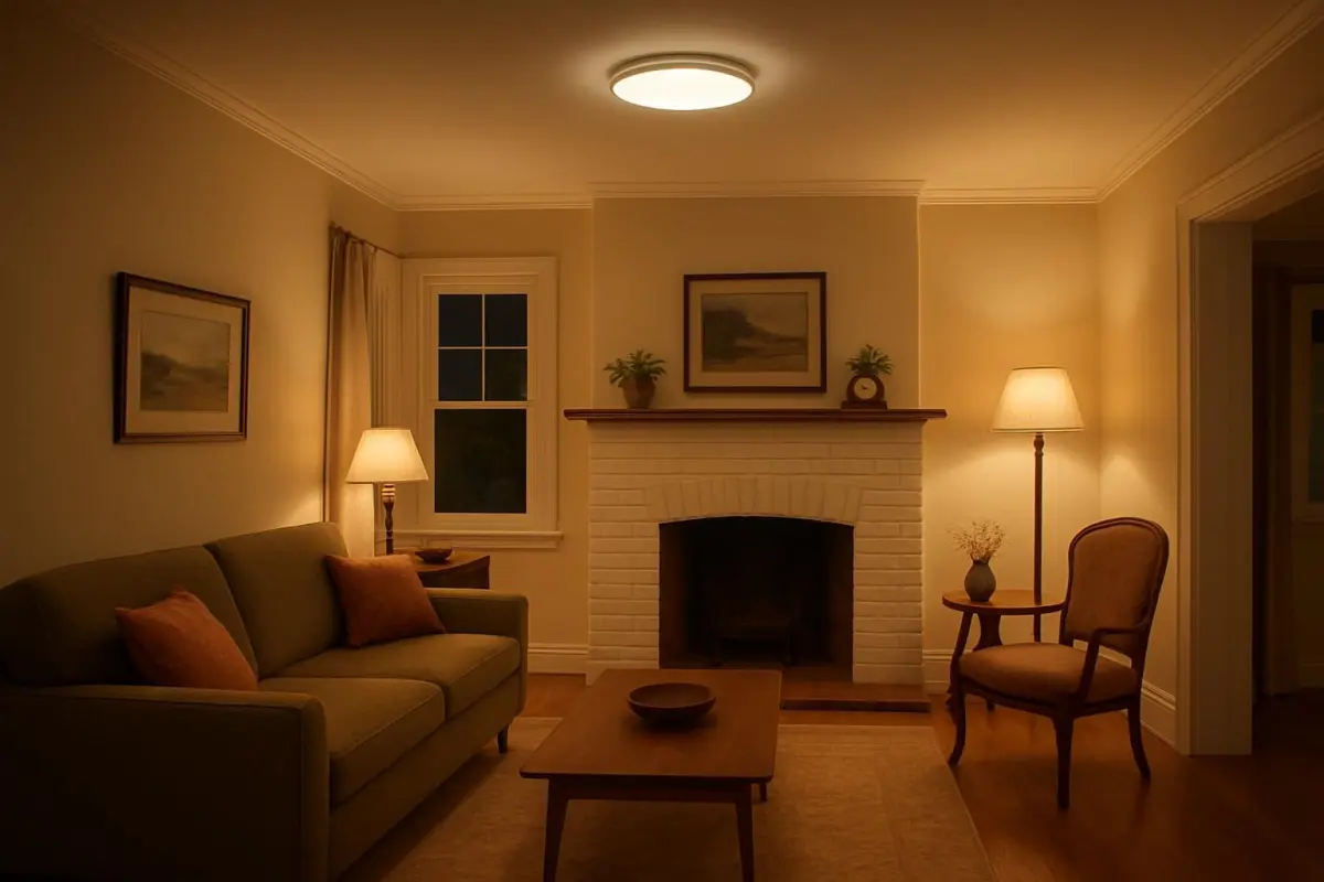 Gezellige woonkamer met energiezuinige verlichting.