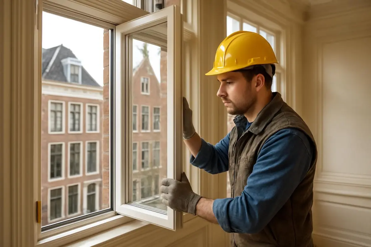 Detailed image of a worker installing triple-glazed windows in a historic Leiden home, bright indoor lighting