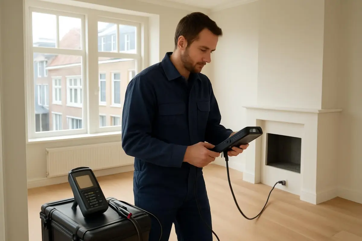 Image of a technician conducting an energy audit in a renovated Leiden home, professional equipment visible, natural day
