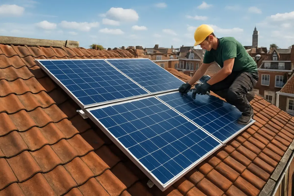 Detailed image of a solar panel setup on a Leiden rooftop, showing installation process, natural daylight