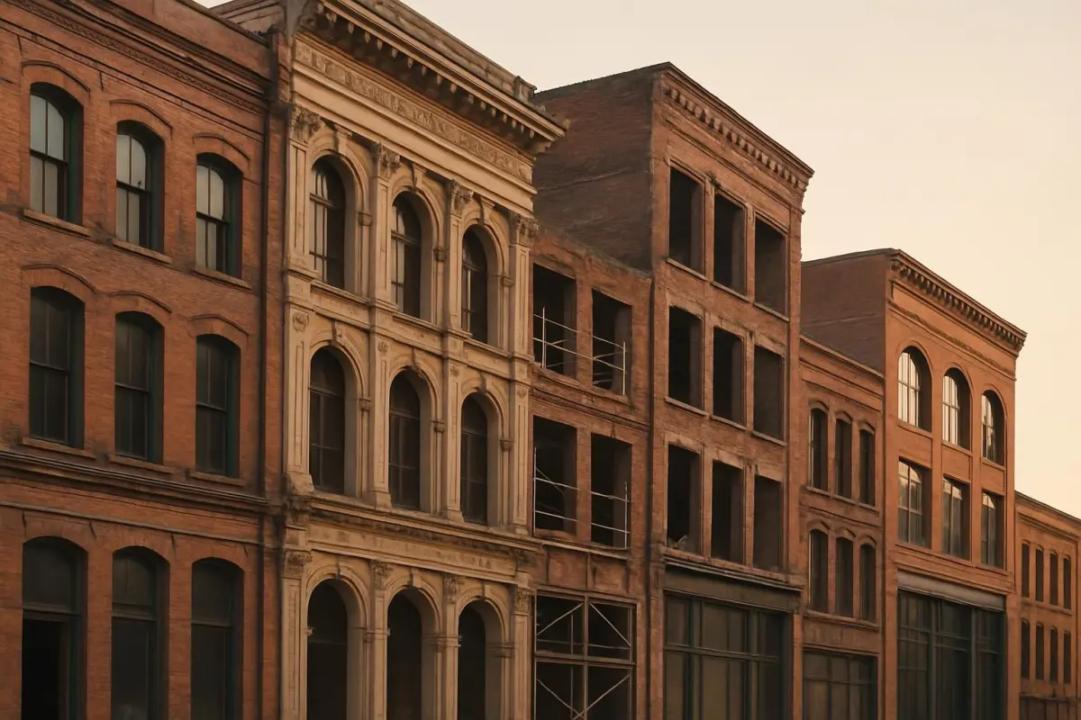 Close-up of historical buildings in different stages of repurposing across various cities, showcasing diverse architectu