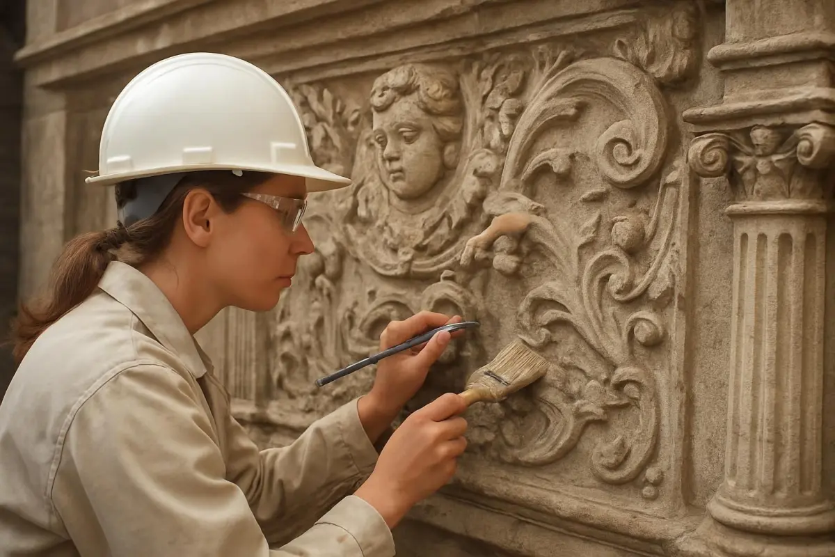 Close-up of intricate historical carvings being restored on a building in Leiden, soft ambient light