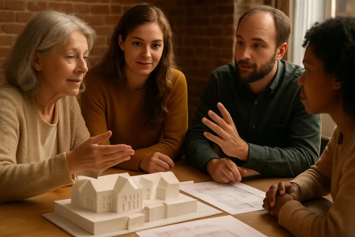 Close-up of community members discussing the benefits of a repurposed building in Leiden, featuring architectural models