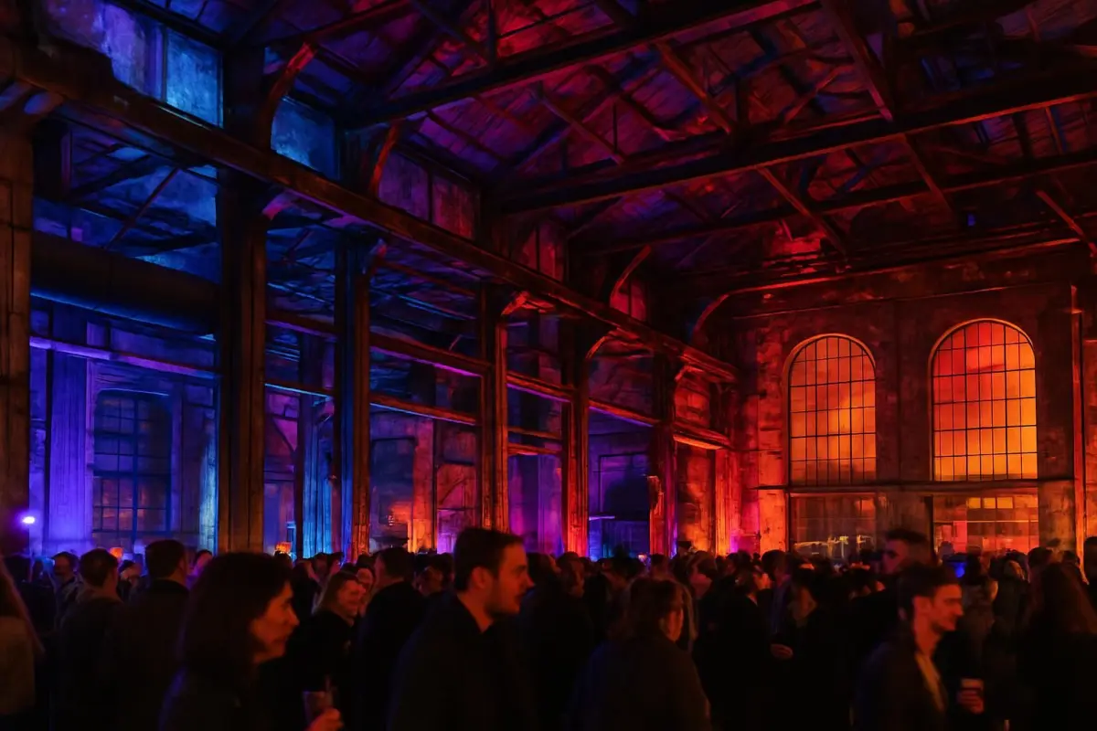 Close-up of cultural events taking place inside a former factory in Leiden, vibrant lighting highlighting the industrial
