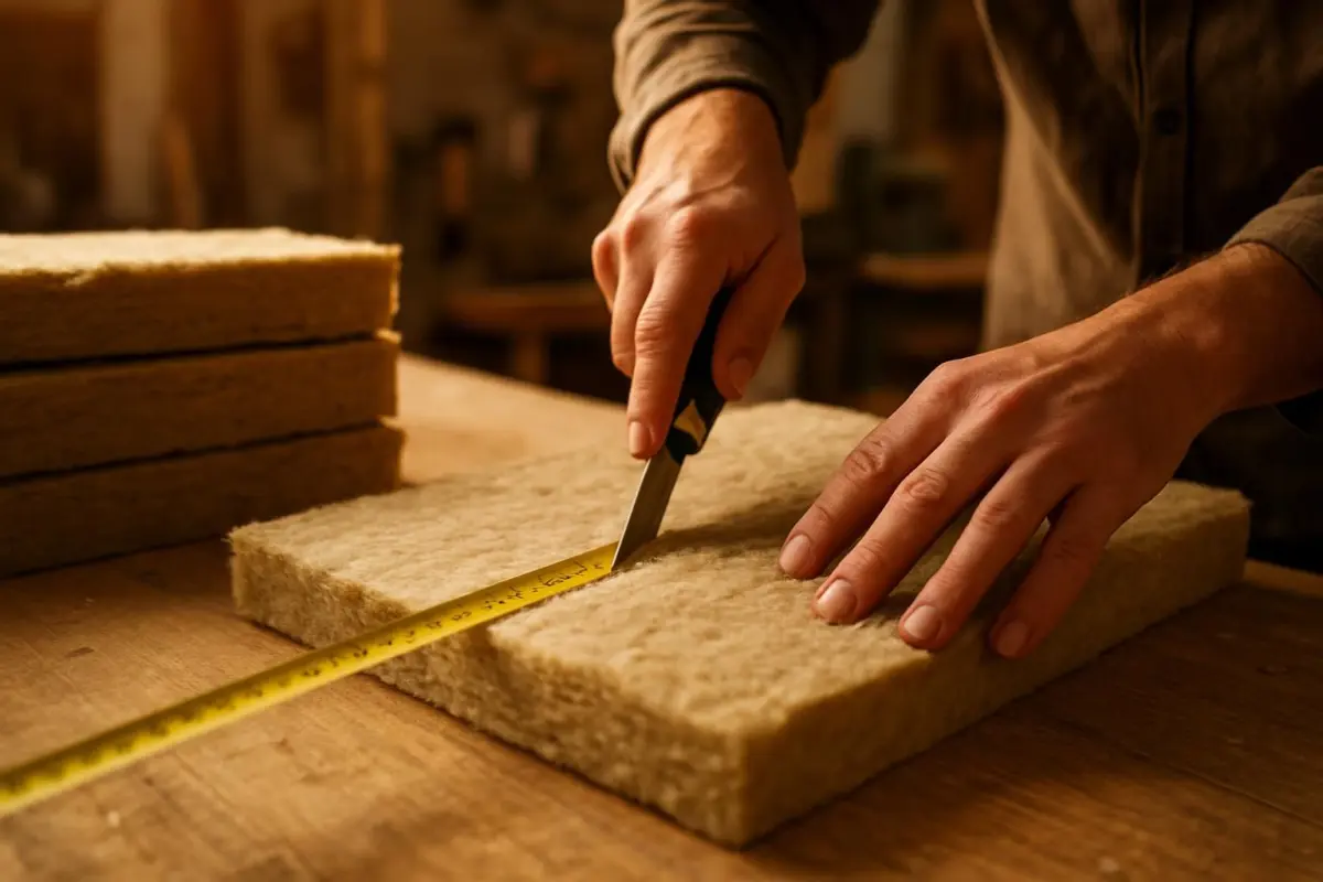 Close-up of eco-friendly insulation materials being measured and cut for installation, workshop setting, warm lighting