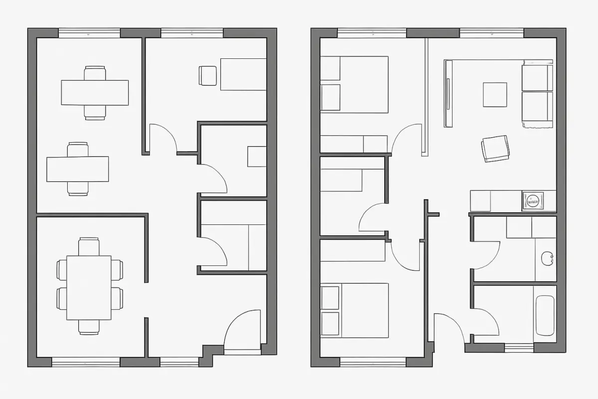Architectural design plans showing the conversion of an office space into a residential apartment in Leiden, under soft 