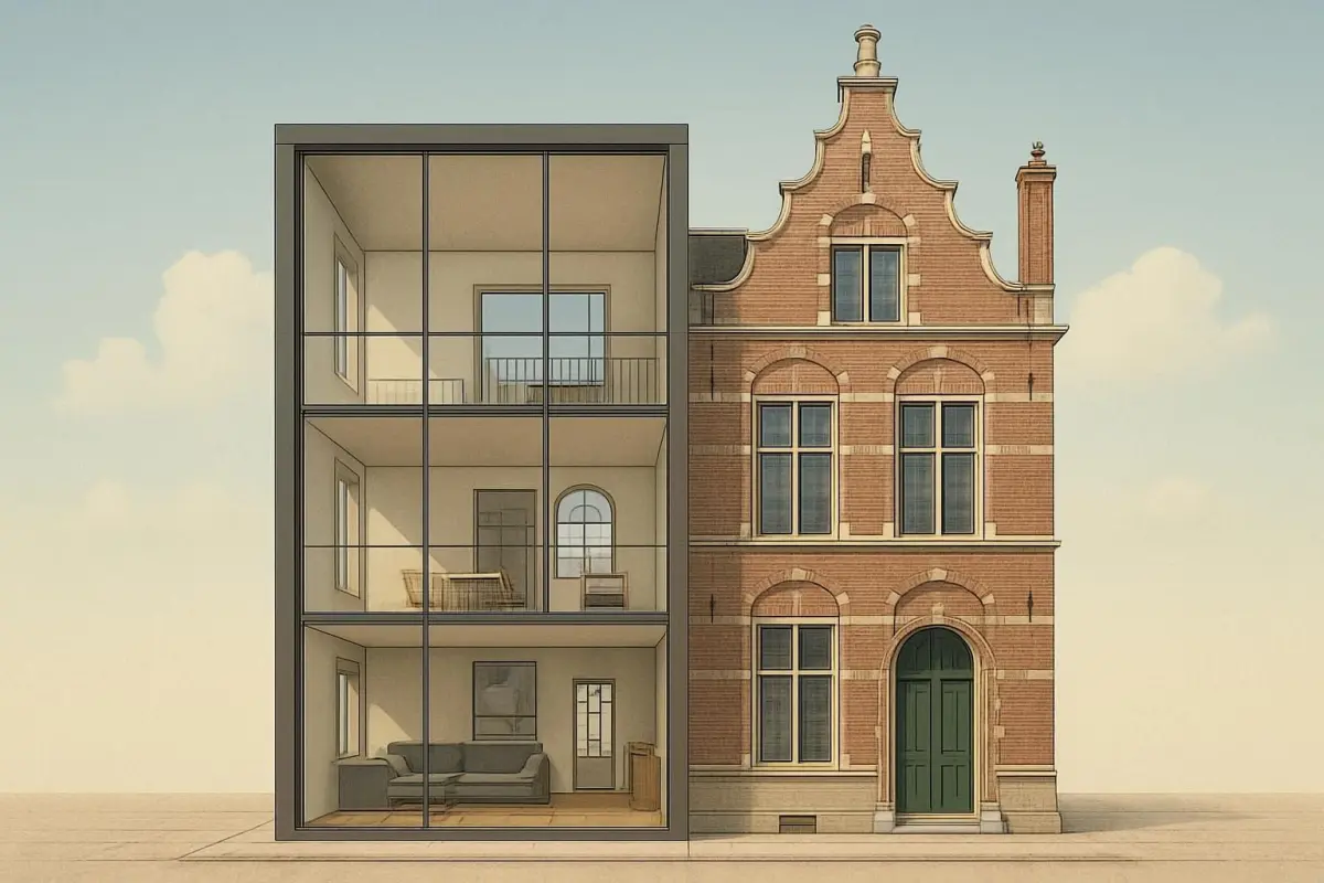 Illustration of a cross-section showing modern and historical architecture blending in a Leiden building, natural daylig