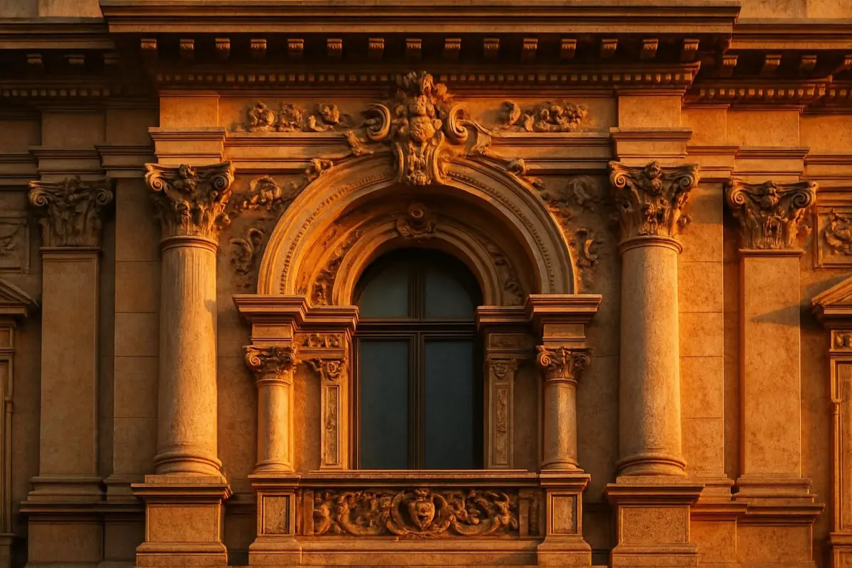 Close-up of a historic facade with detailed architectural elements, warm sunset lighting