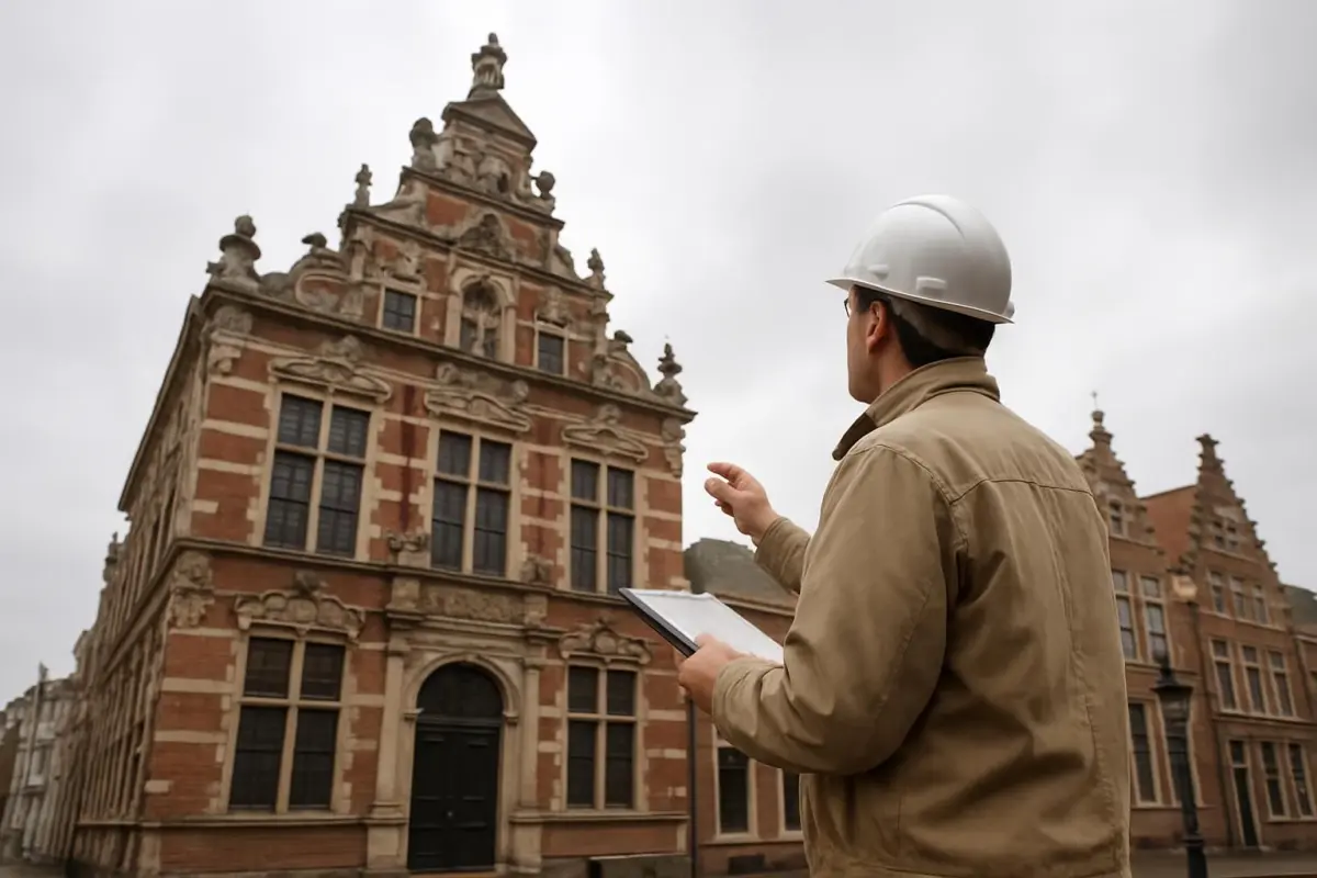Image of a restoration specialist inspecting a historic Leiden building, overcast day