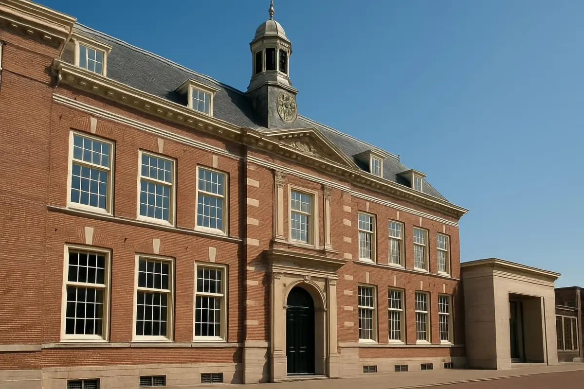 Photorealistic close-up of city hall building in Leiden with permit office sign, sunny day