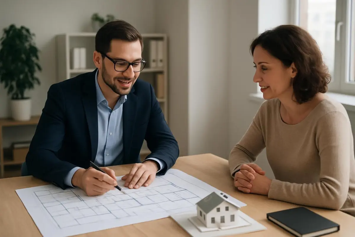 Image of a meeting between an architect and a client discussing renovation plans, professional office setting
