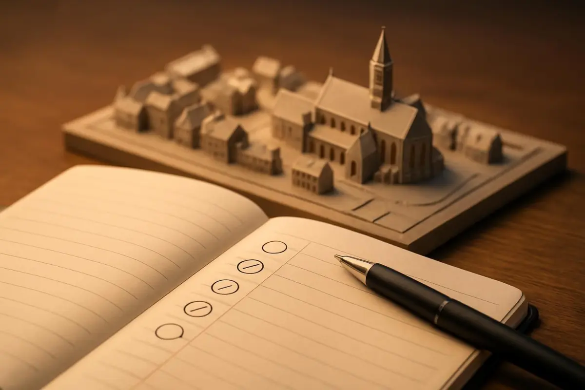 Close-up of a planner with renovation milestones marked, with an architectural scale model of Leiden nearby, warm lighti