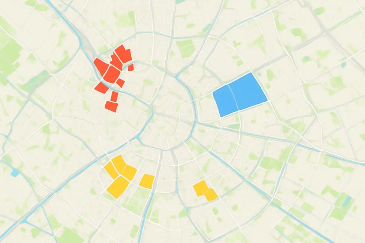 Map overlay showing renovation project locations in Leiden, Utrecht, and Delft, with distinct color codes, bright lighti
