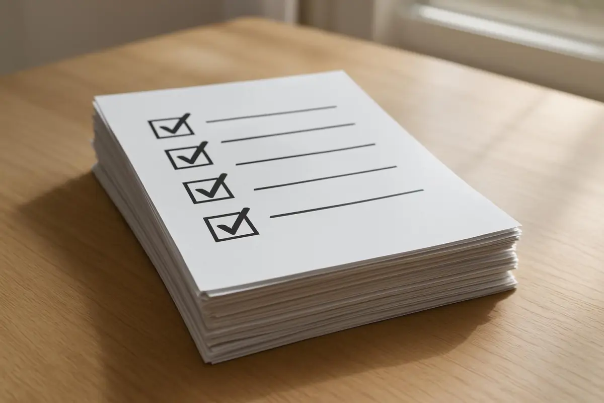 Image of a stack of completed permit applications with a checklist on top, natural light