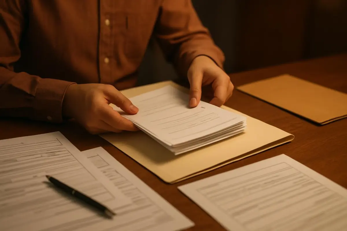 Close-up of a person organizing documents for a permit application, warm ambient lighting