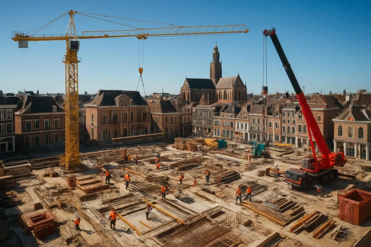 Bovenaanzicht van een bouwplaats in het hart van Leiden.