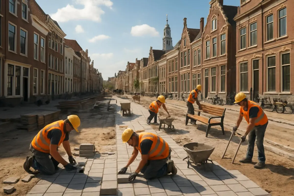 Drukke straat tijdens stedelijke renovatie in Leiden.