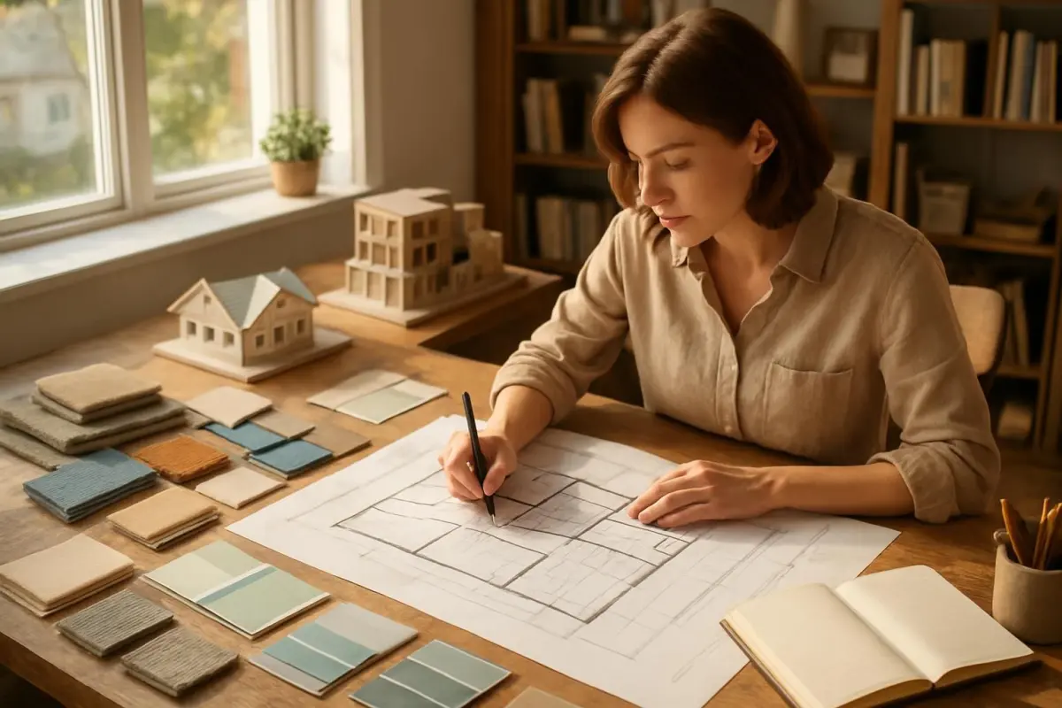 Interieurontwerper aan het werk met plannen