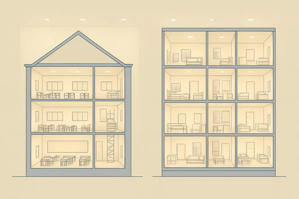 Architectural diagrams of a school building being converted into social housing in Leiden, featuring innovative use of s