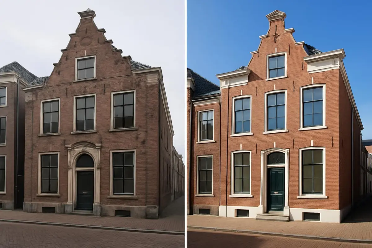 Before and after comparison image of a renovated historic building in Leiden, contrasting lighting