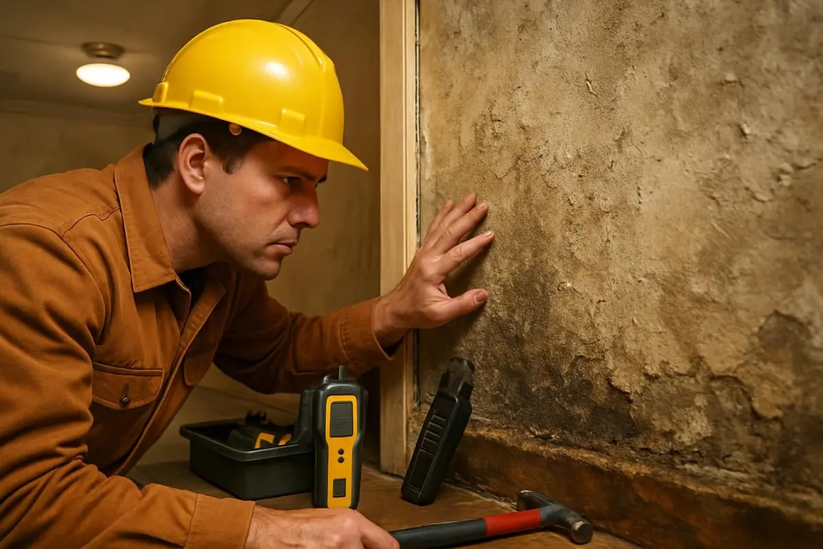Constructeur onderzoekt een vochtige muur.