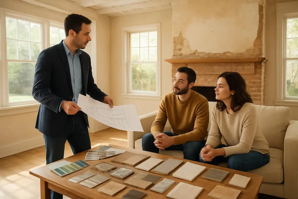 Architect en eigenaren bespreken renovatiestrategieën.