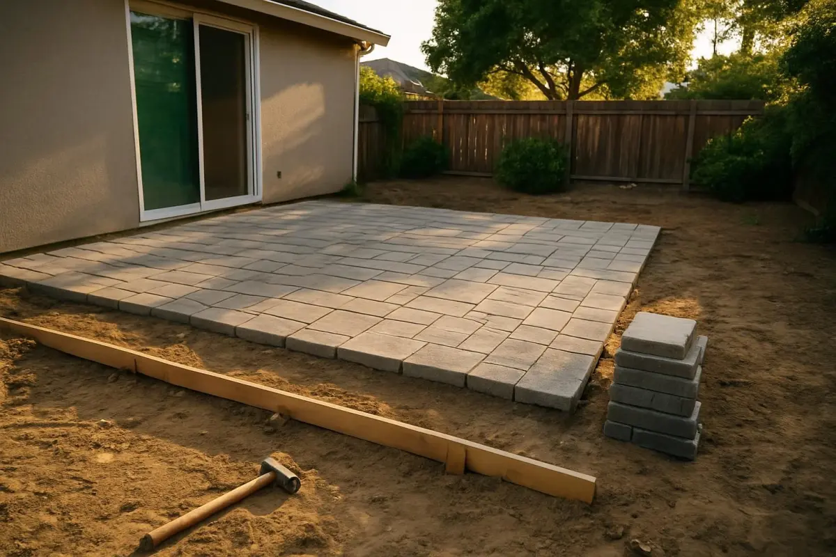 Image of a backyard patio construction without permits, late afternoon lighting