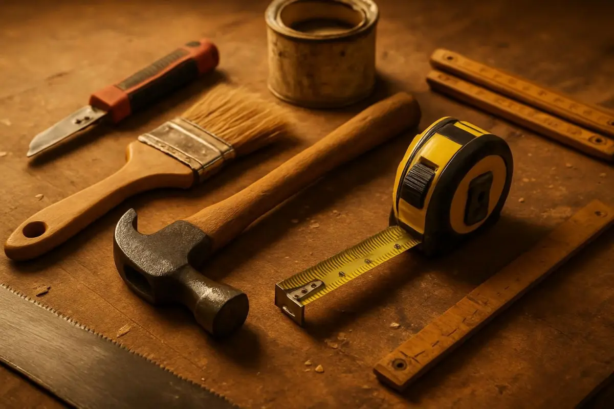 Close-up of DIY renovation tools on a workbench, warm ambient lighting
